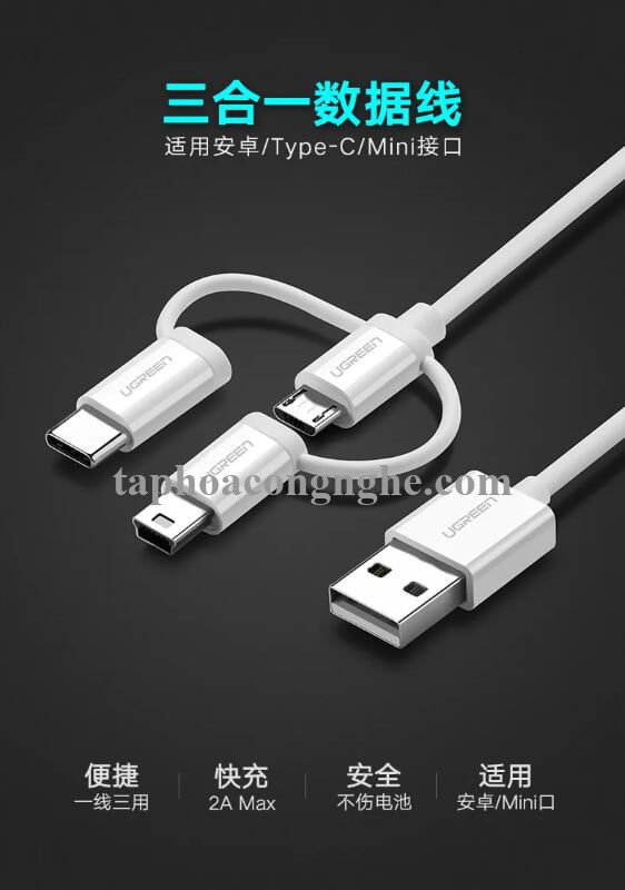 Ugreen 40766 0.5m màu Bạc Cáp dữ liệu USB 3trong1 micro + lightning + mini USB + truyền dữ liệu từ máy tính ra điện thoại US185 30040766